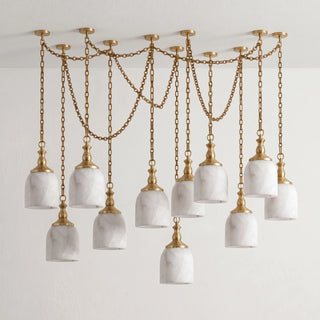 Carillon Chain Alabaster Bell Chandelier Vidirlighting Brushed Brass 11-Light Symmetrical Tiered Swag Chain Alabaster Bell Chandelier Studio Shot on White Wall