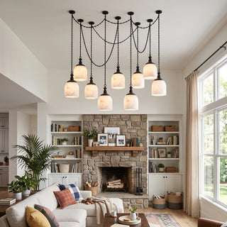 Carillon Chain Alabaster Bell Chandelier Vidirlighting Grand Matte Black Multi-Light Cascading Waterfall Chain Chandelier for High-Ceiling Living Room with Stone Fireplace