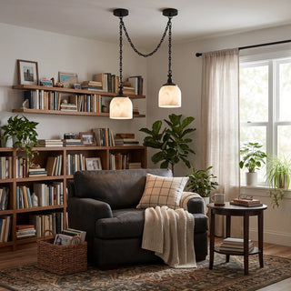 Carillon Chain Alabaster Bell Chandelier Vidirlighting Matte Black 2-Light Double Swag Chain Pendant Illuminating Leather Armchair in Home Library
