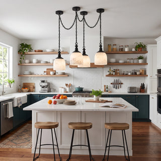 Carillon Chain Alabaster Bell Chandelier Vidirlighting Matte Black 3-Light Swag Chain Industrial Pendant over Teal Kitchen Island and Barstools