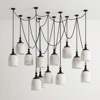 Carillon Chain Alabaster Bell Chandelier Vidirlighting Matte Black 13-Light Grand Cascading Waterfall Chain Alabaster Bell Chandelier Isolated on White Background