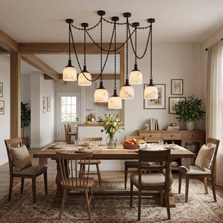 Carillon Chain Alabaster Bell Chandelier Vidirlighting Matte Black Multi-Light Spider Draped Chain Chandelier under Exposed Wood Beams in Rustic Dining Room