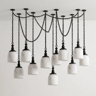 Carillon Chain Alabaster Bell Chandelier Vidirlighting Matte Black 11-Light Symmetrical Tiered Draped Swag Chain Alabaster Bell Chandelier Studio Front View