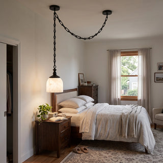 Carillon Chain Alabaster Bell Chandelier Vidirlighting Matte Black 1-Light Offset Swag Draped Chain Pendant over Bedroom Nightstand