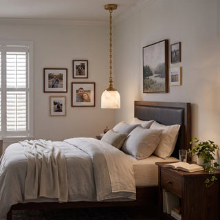 Carillon Chain Alabaster Bell Chandelier Vidirlighting Single-Light Brass Chain Mini Drop Pendant beside Bed in Sunlit Modern Bedroom