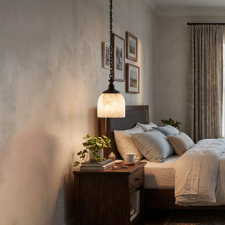 Carillon Chain Alabaster Bell Chandelier Vidirlighting Single-Light Matte Black Swag Chain Mini Pendant Hanging beside Headboard in Moody Bedroom