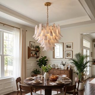 Cascata Alabaster Petal Chandelier Vidirlighting Grand Tiered Spanish Alabaster Flower Chandelier Suspended under Coffered Ceiling in High-Ceiling Living Room