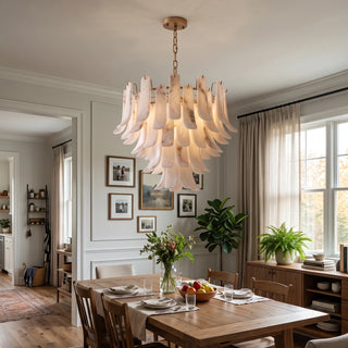 Cascata Alabaster Petal Chandelier Vidirlighting Warm Glowing Layered Alabaster Blossom Chandelier Centered over Rectangular Wood Dining Table