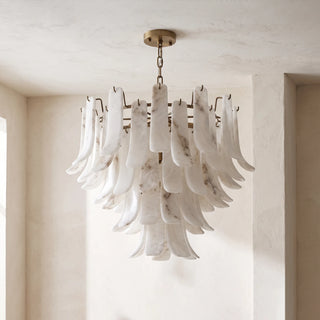 Cascata Alabaster Petal Chandelier Vidirlighting Daylight Unlit Frontal View Highlighting Crisp White Natural Alabaster Texture and Brass Frame