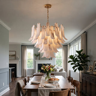 Cascata Alabaster Petal Chandelier Vidirlighting Sculptural White Alabaster Leaf Chandelier Centered over Round Dining Table by French Windows