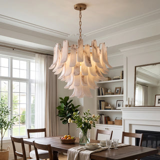 Cascata Alabaster Petal Chandelier Vidirlighting Cascading Carved Stone Petal Chandelier Hung below Rustic Timber Beams in Bright Open Lounge