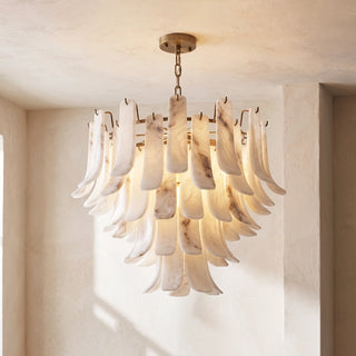 Cascata Alabaster Petal Chandelier Vidirlighting Fully Lit Studio Profile Showing Warm Amber Light Glowing through Layered Translucent Stone Petals