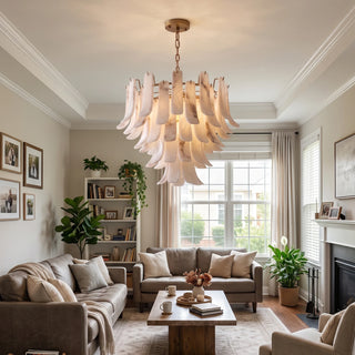 Cascata Alabaster Petal Chandelier Vidirlighting Elegant Natural Alabaster Waterfall Chandelier Centered in Sunlit Dining Salon with Fireplace