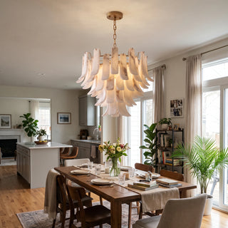 Cascata Alabaster Petal Chandelier Vidirlighting Multi-Tier Alabaster Petal Chandelier Illuminating Round Wooden Family Table and Tableware