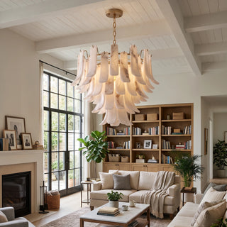 Cascata Alabaster Petal Chandelier Vidirlighting Organic Modern Carved Stone Flower Chandelier over Round Table with Scenic Garden Window View