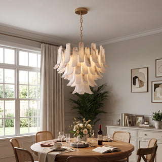 Cascata Alabaster Petal Chandelier Vidirlighting Neoclassical Great Room Chandelier Casting Gentle Diffusion over Coffee Table and Fabric Sofas