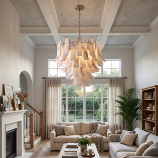Cascata Alabaster Petal Chandelier Vidirlighting Large Tiered Alabaster Chandelier Defining the Dining Space in Open Plan Kitchen Interior