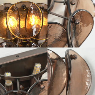 Conca Glass Disc Wall Sconce Vidirlighting 4-in-1 Macro Craftsmanship Collage Showing Glass Disc Edge Internal Lit Bulb Frame Screws and Assembly