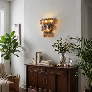Conca Glass Disc Wall Sconce Vidirlighting Artistic Cluster Arrangement of Four Amber Glass Disc Sconces on Grand Entryway Foyer Staircase Wall