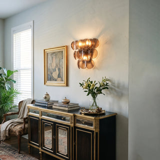 Conca Glass Disc Wall Sconce Vidirlighting Smoke Grey Concave Glass Petal Wall Light Beside Rounded Vanity Mirror in Modern Organic Bathroom