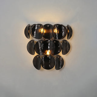 Conca Glass Disc Wall Sconce Vidirlighting Frontal Lit View of Smoke Grey Tinted Concave Glass Disc Wall Fixture with Warm Center Glow