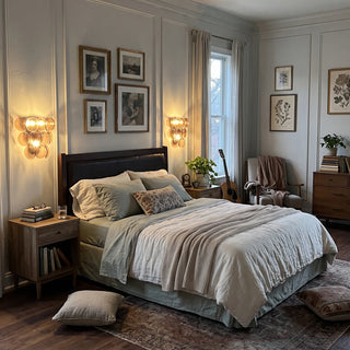 Conca Glass Disc Wall Sconce Vidirlighting Symmetrical Pair of Warm Amber Glass Petal Wall Sconces Flanking Bed in Transitional Bedroom
