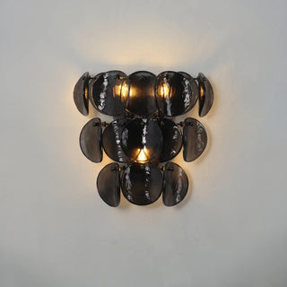 Conca Glass Disc Wall Sconce Vidirlighting Master Hero Cutout Shot Fully Lit with Warm Glowing Amber Glass Petals on Pure White Background