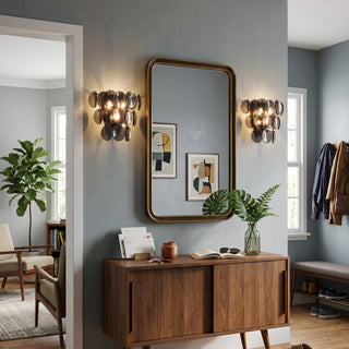 Conca Glass Disc Wall Sconce Vidirlighting Pair of Smoke Grey Glass Disc Sconces Flanking Large Wood-Framed Mirror in Modern Corridor