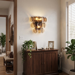 Conca Glass Disc Wall Sconce Vidirlighting Sculptural Amber Glass Petal Sconce Illuminating Black Lacquer Credenza and Framed Oil Canvas