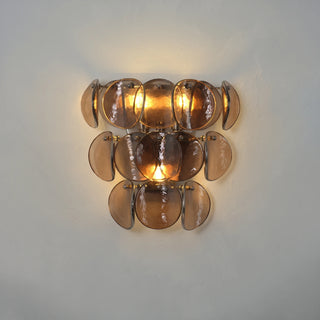 Conca Glass Disc Wall Sconce Vidirlighting Factory Sample Unlit Front View Showing 3-Tier Layered Smoke Tinted Glass Discs on White Wall