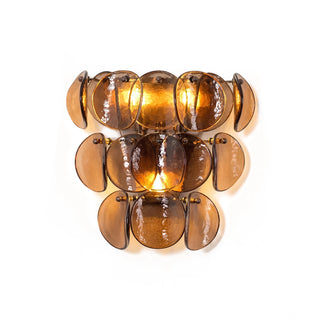 Conca Glass Disc Wall Sconce Vidirlighting Frontal Lit Studio Shot Highlighting Rich Golden Amber Tones of Curved Glass Petal Sconce