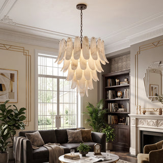 Cygnus Alabaster Feather Chandelier Vidirlighting Layered Translucent Alabaster Feather Chandelier under Exposed Wooden Ceiling Beams in Airy Living Room