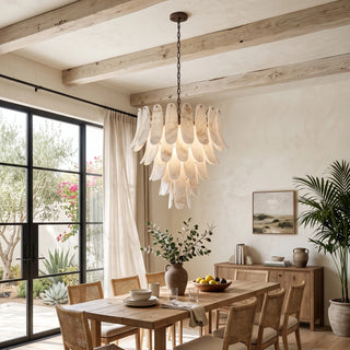 Cygnus Alabaster Feather Chandelier Vidirlighting Suspended in Sunlit Open-Concept Kitchen and Dining Area above Natural Oak Dining Table