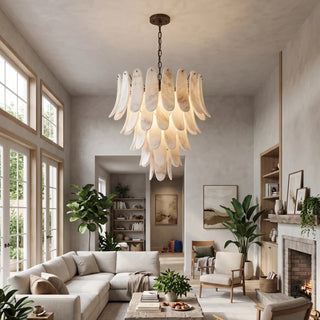 Cygnus Alabaster Feather Chandelier Vidirlighting Sculptural Alabaster Pendant Illuminating Cozy Living Room with White Fireplace and French Patio Doors