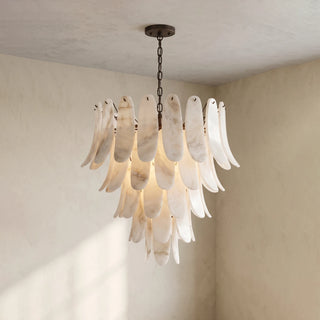Cygnus Alabaster Feather Chandelier Vidirlighting Luxurious Multi-Layered Stone Chandelier Illuminating Formal Living Room with Fireplace and Bookshelves
