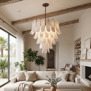 Cygnus Alabaster Feather Chandelier Vidirlighting Statement Tiered Alabaster Stone Chandelier in High-Ceiling Sunlit Living Lounge with Masonry Fireplace