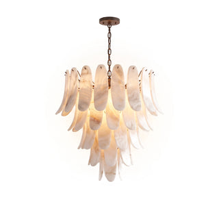 Cygnus Alabaster Feather Chandelier Vidirlighting Real Hanging Display against Textured Plaster Wall Showing Radiant Amber Glow and Veined Stone Feathers