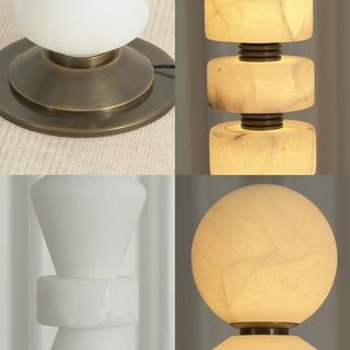 Geometric Alabaster Sculptural Floor Lamp Vidirlighting 4-in-1 Macro Craftsmanship Collage Highlighting Stepped Bronze Base Glowing Stone Cylinders Carved Details and Lit Sphere Top
