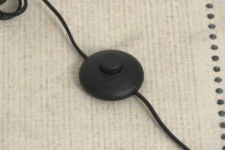 Geometric Alabaster Sculptural Floor Lamp Vidirlighting Hardware Detail of Durable Black Power Cable and Convenient Hands-Free Round Foot Step Switch on Carpet