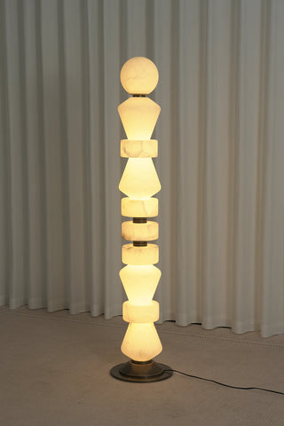 Geometric Alabaster Sculptural Floor Lamp Vidirlighting Symmetrical Frontal Lit Display of Radiant Glowing Sphere Top and Stacked Geometric Alabaster Column