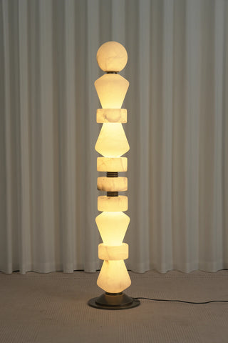 Geometric Alabaster Sculptural Floor Lamp Vidirlighting Fully Illuminated Floor Lamp Casting Radiant Warm Amber Light through Translucent Stacked Stone Column