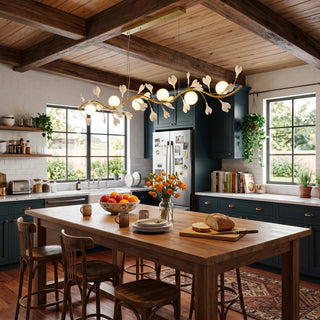 Ginkgo Vine linear branch chandelier in a farmhouse kitchen with rustic wood ceiling beams by Vidir Lighting