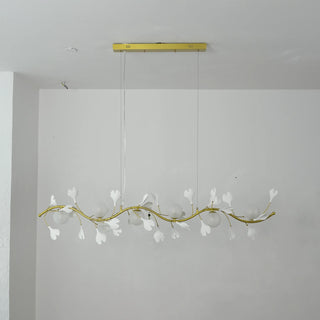 Front studio view of unlit Ginkgo Vine linear chandelier with frosted glass globes by Vidir Lighting