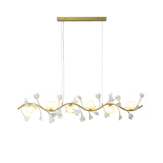 Modern organic Ginkgo Vine linear brass branch pendant light with warm glowing bulbs by Vidir Lighting