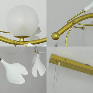 Detail collage of Ginkgo Vine chandelier showing frosted glass globe, brass branch finish, white leaves, and ceiling canopy by Vidir Lighting