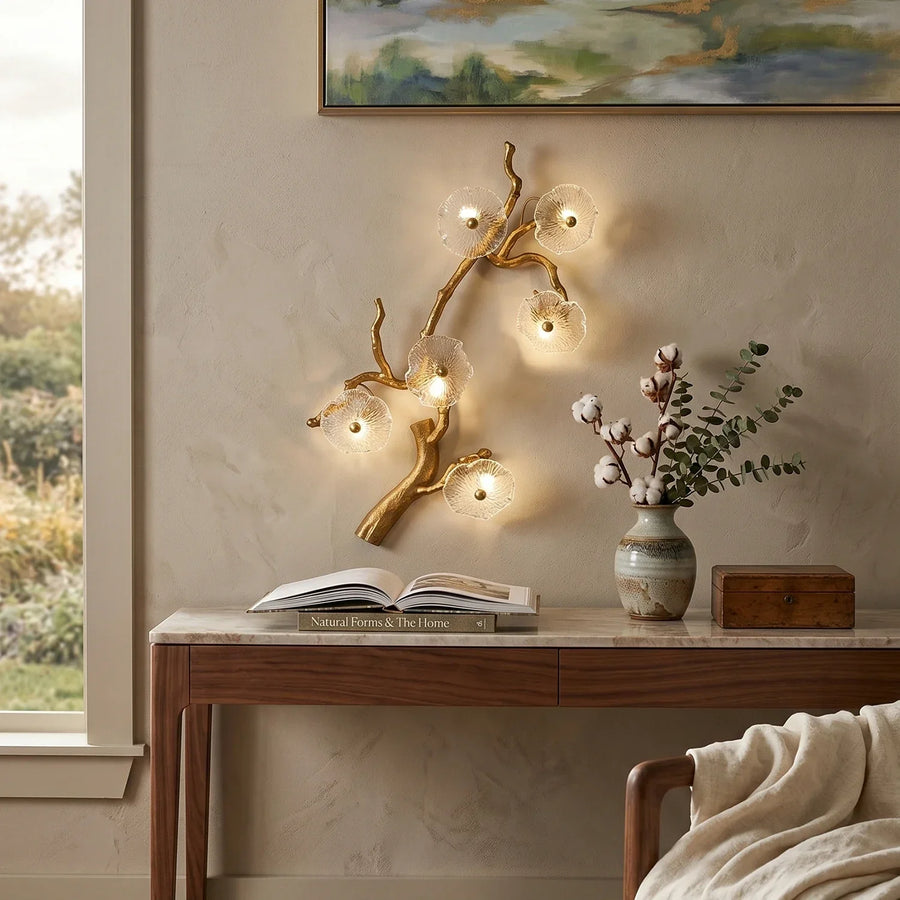 Glass Lotus Leaf Brass Branch Wall Lamp