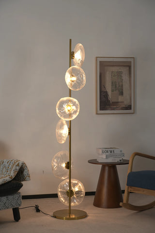 Glass Petals Floor Lamp Vidirlighting Full Standing Studio Sample Unlit Showing Brushed Brass Pole with Staggered Clear Glass Petal Shades