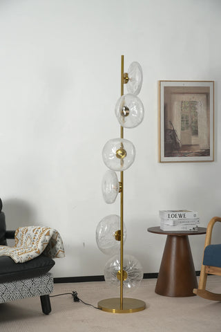 Glass Petals Floor Lamp Vidirlighting Full Height Front Display Unlit Showing Spiral Placement of Mouth-Blown Glass Petals on Brass Rod