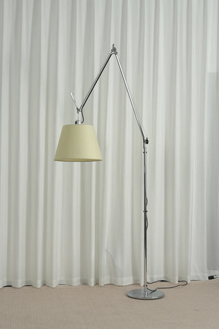 Gru Adjustable Arm Floor Lamp Vidirlighting Iconic Cantilever Architecture Floor Lamp with Chrome Body and Cream Tapered Shade on Pure White