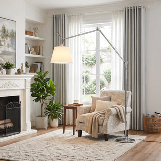 Gru Adjustable Arm Floor Lamp Vidirlighting Mid-Century Modern Adjustable Reading Light Suspended over Classic Leather Lounge Chair by Window